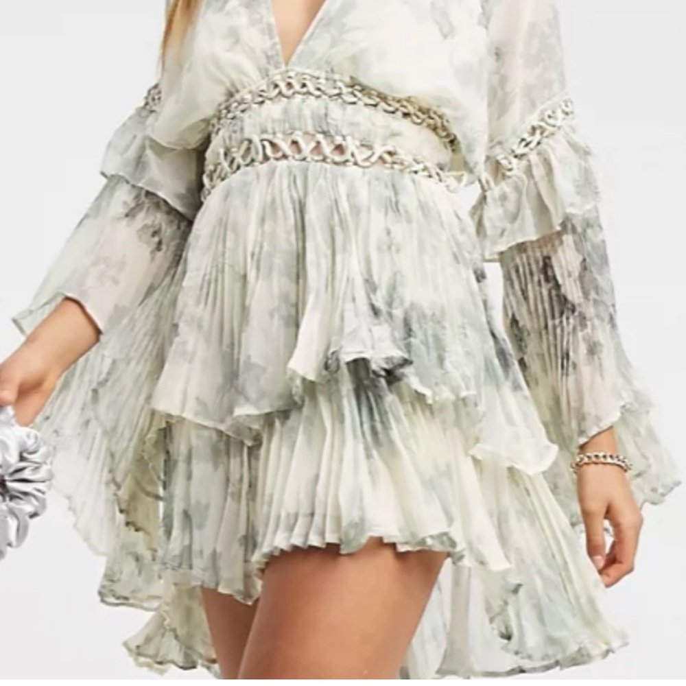 Asos Pleated floral mini dress with satin ring lace up detail